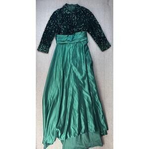 Formal Dress Gown Sequin Satin Long Sleeve Ball Holiday Maxi Emerald Green 16